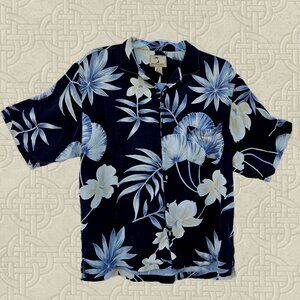 Jamaica Jaxx Men's Black Silk Floral Hawaiian Aloha Button Up Tropical Shirt - L